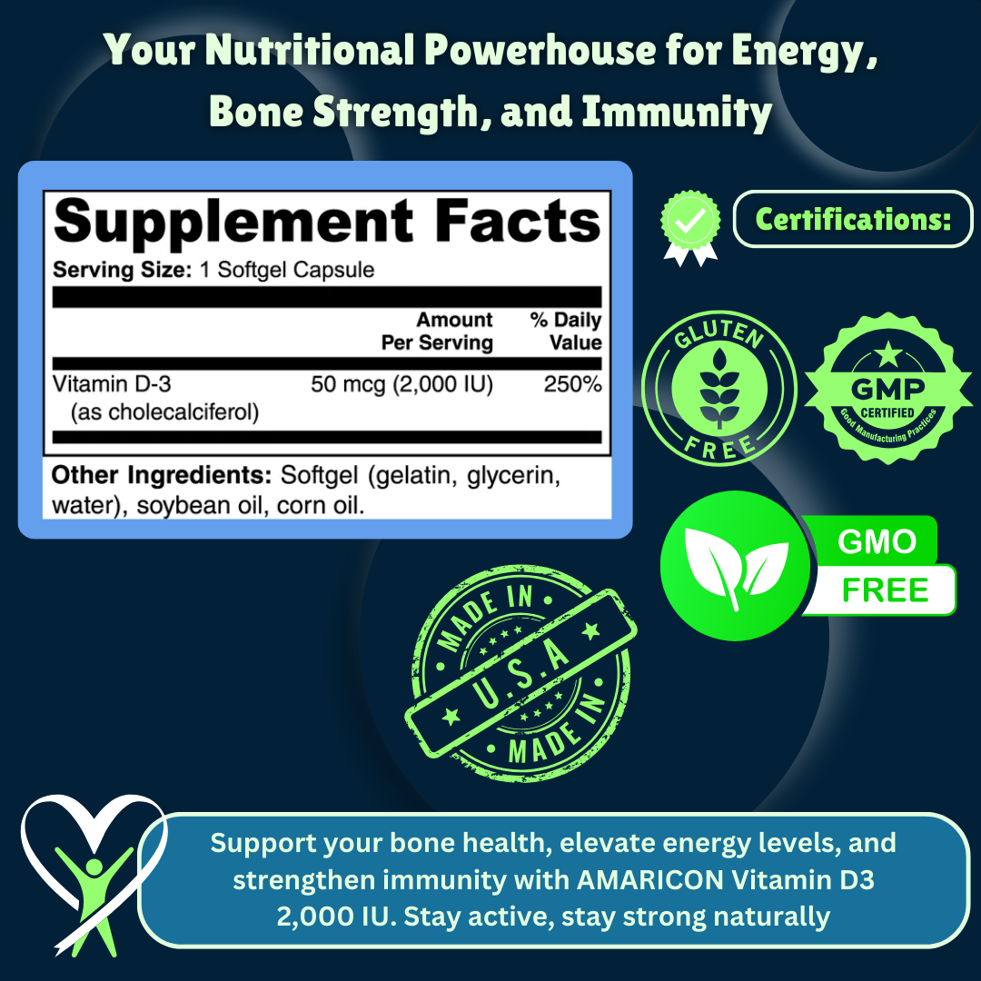 Vitamin D3 2,000 IU – Supports Energy, Bone Density & Immune Function
