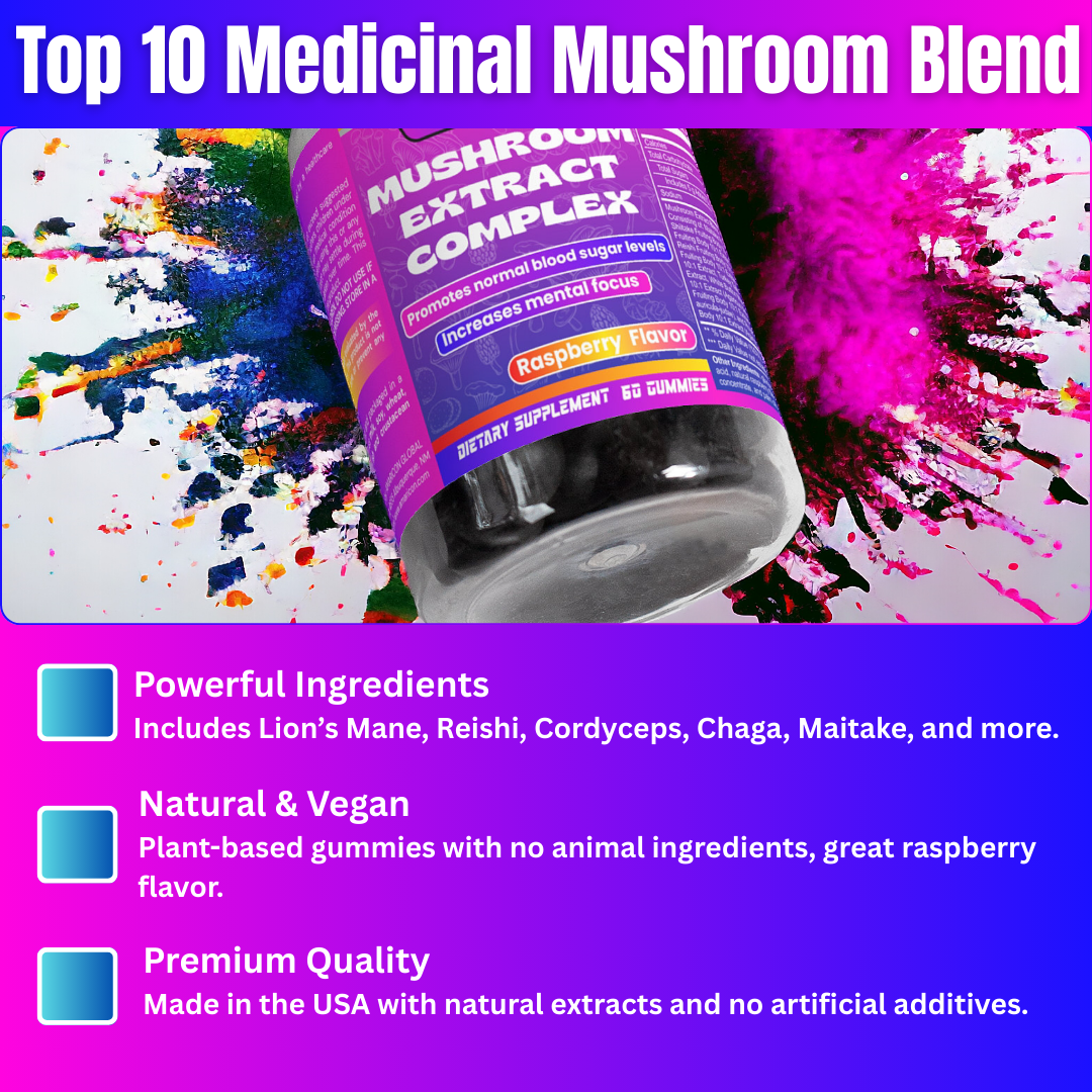 Mushroom Extract Complex – Premium 10-Mushroom Gummy Supplement for Enhanced Cognitive and Physical Performance